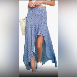 Lulus Women's Mediterranean Beach Blue White Print High Low Skirt